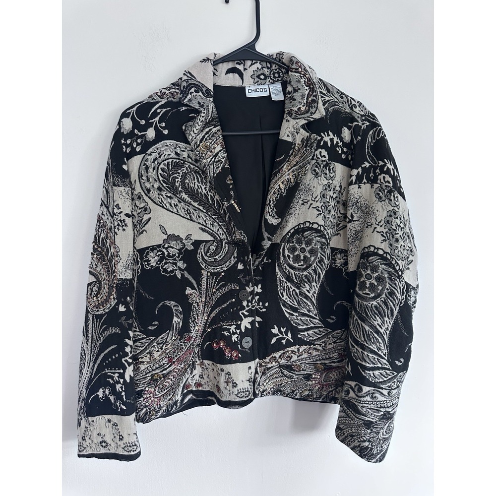 Chicos 100% Cotton Beaded Tapestry Jacket Blazer SMALL Size 0 Floral Paisley